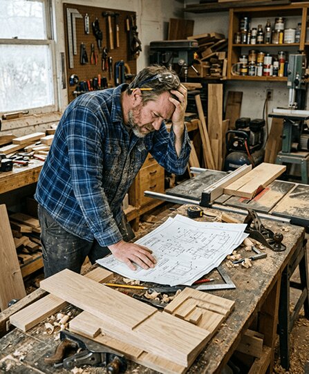 A woodworker frustrated by an incomplete project plan in the workshop