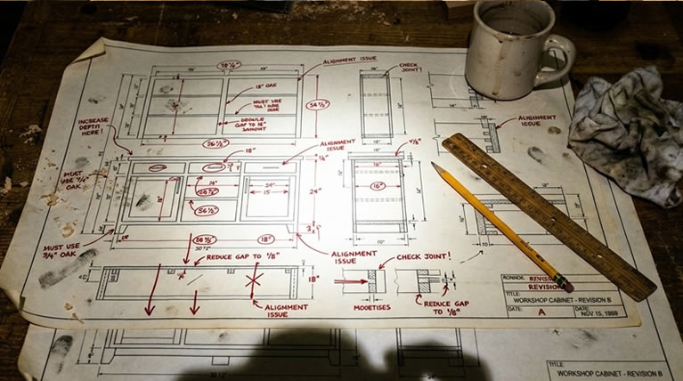 A woodworking plan being physically shop-tested and measured before publication