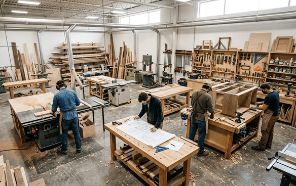 Home woodworking workshop with lumber and tools laid out for a planned build